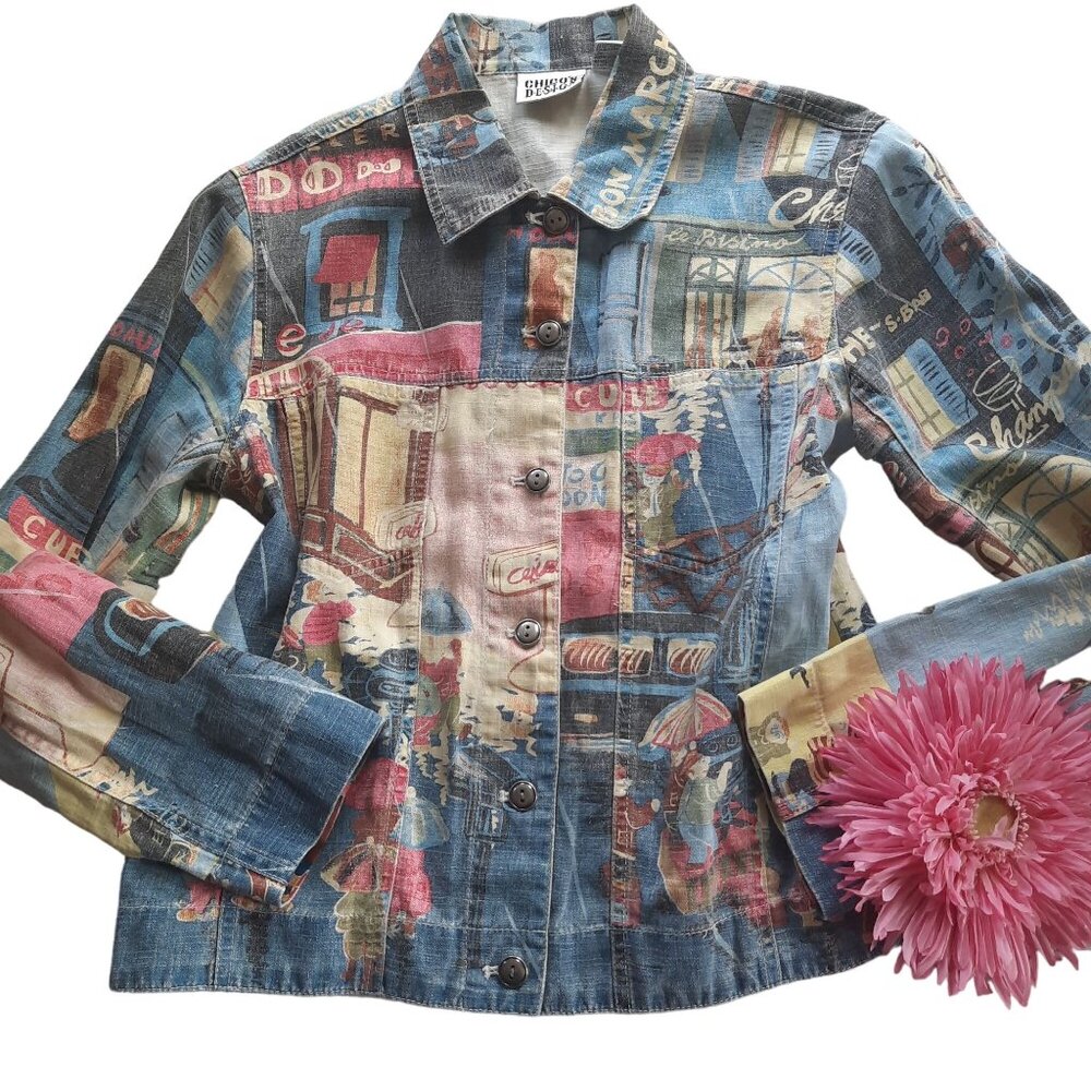 Chico’s Linen Cotton lightweight French cafe print button front jacket